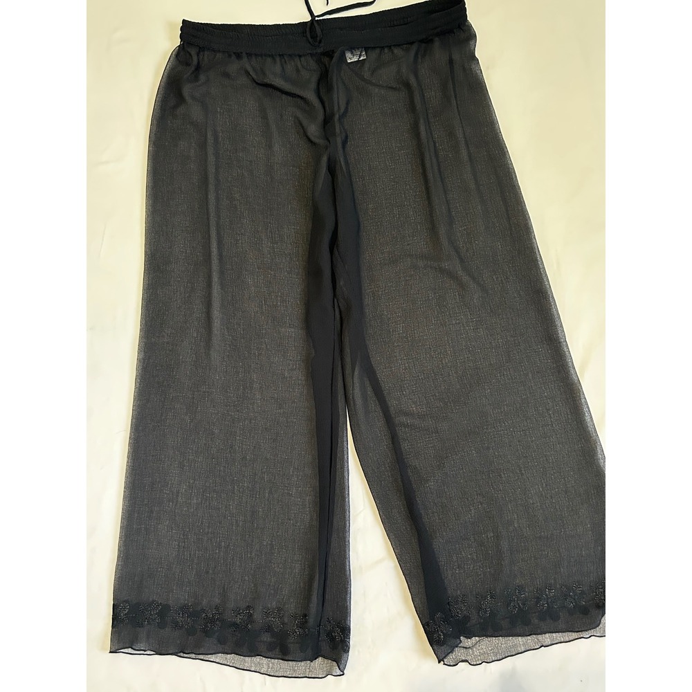 Sand N Sun Black Sheer Wide Leg Beach Cover Up Pants Floral Embroidery 2X Plus